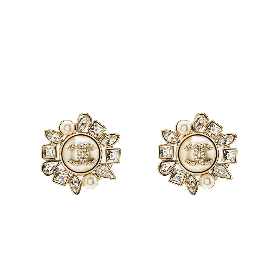 Chanel Giant Geometric CC Logo Earrings Pearl/Crystal Light Gold Tone