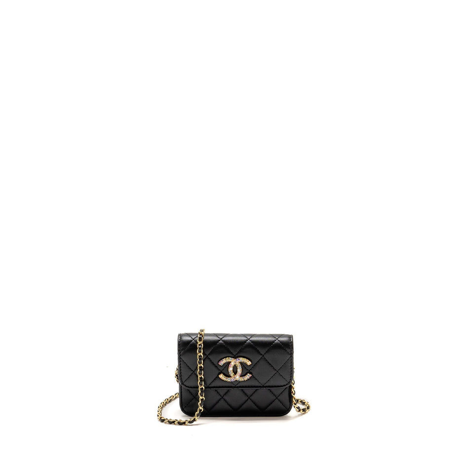 Chanel Zirconium Flap Clutch/ Holder with Chain Lambskin Black