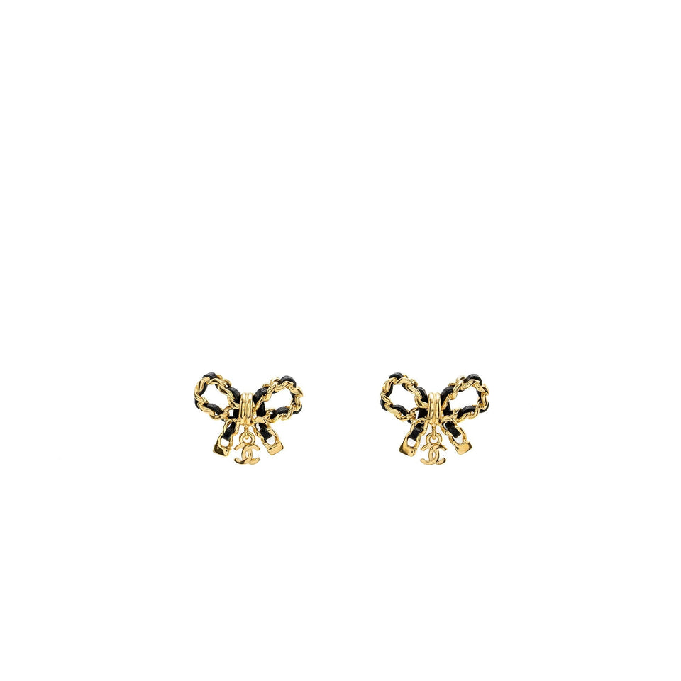 Chanel leather weave bow earrings black with gold tone