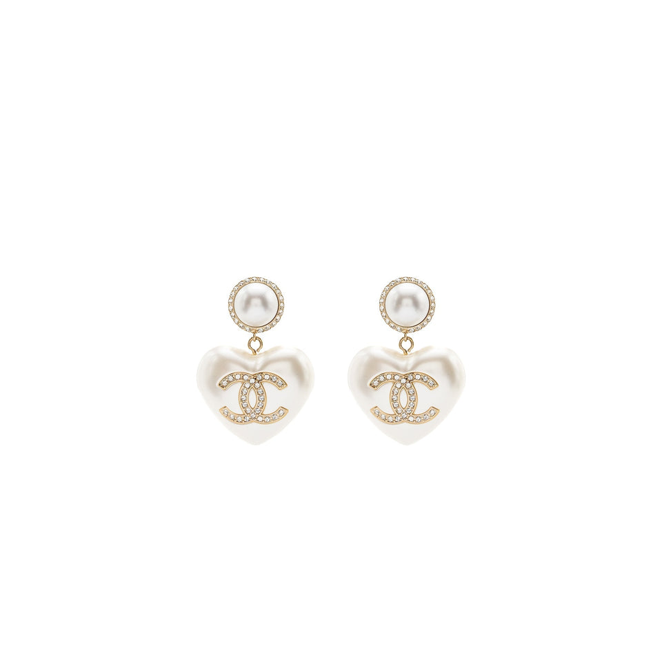Chanel Heart Pearl Crystal CC Logo Earrings L
