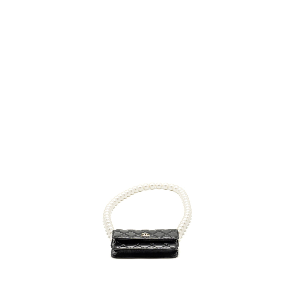 Chanel CC Logo Clutch with Giant Pearl Chain Lambskin Black L