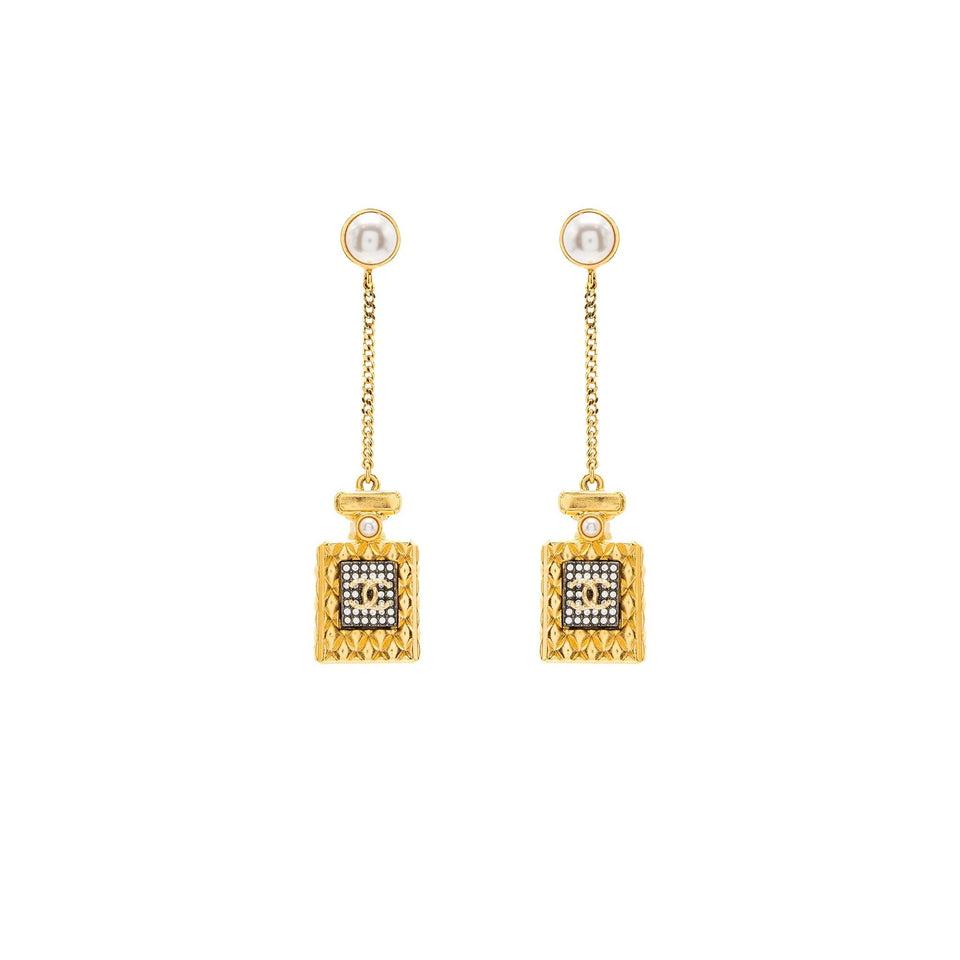 Chanel Perfume Bottle Drop Earrings Pearl/Crystal Gold Tone