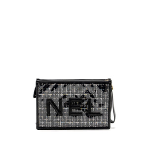 Chanel Letter Logo Clutch Bag Tweed PVC/Lambskin Black L