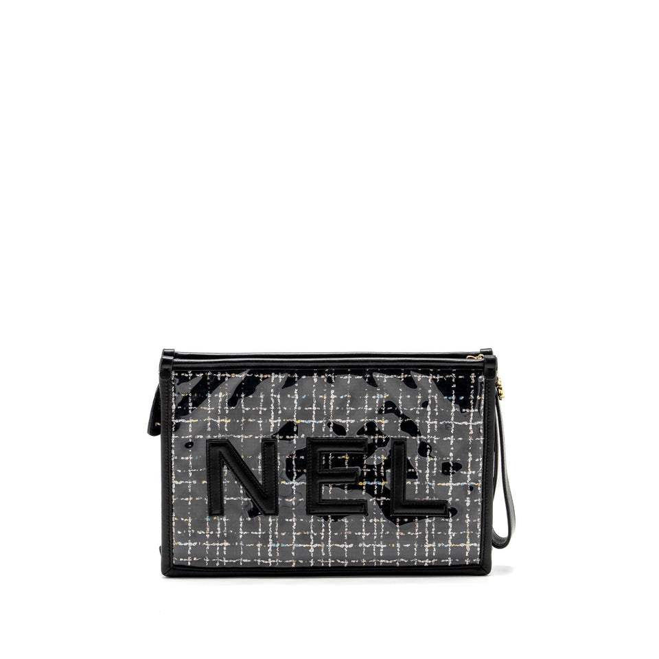 Chanel Letter Logo Clutch Bag Tweed PVC/Lambskin Black L