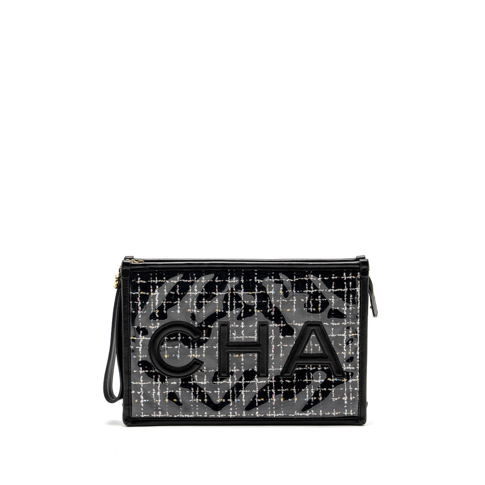 Chanel Letter Logo Clutch Bag Tweed PVC/Lambskin Black L