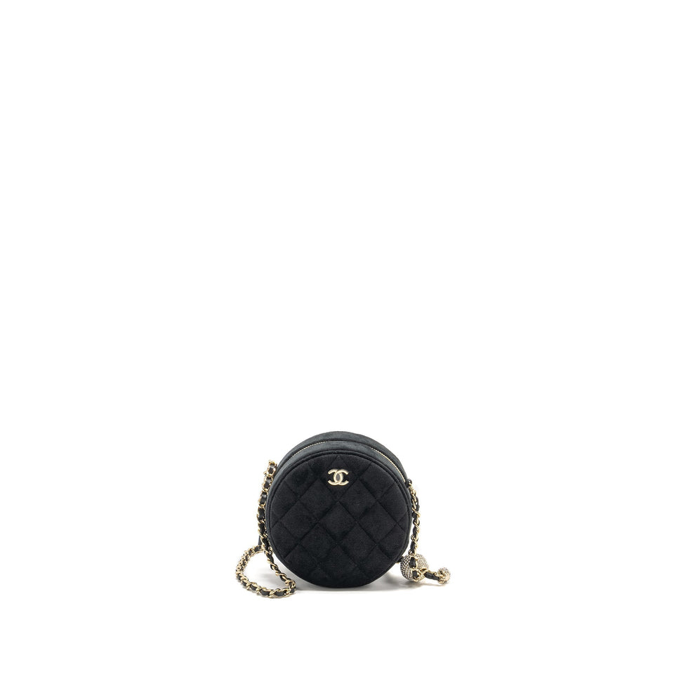 Chanel Pearl Crush Round Clutch Quilted Velvet Black L