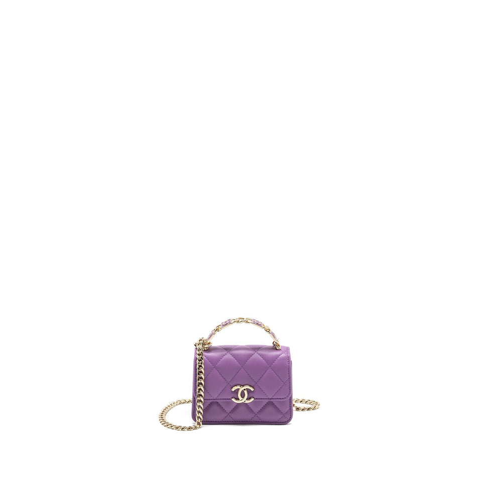 Chanel detailed top handle flap mini clutch with chain lambskin purple L (microchip)