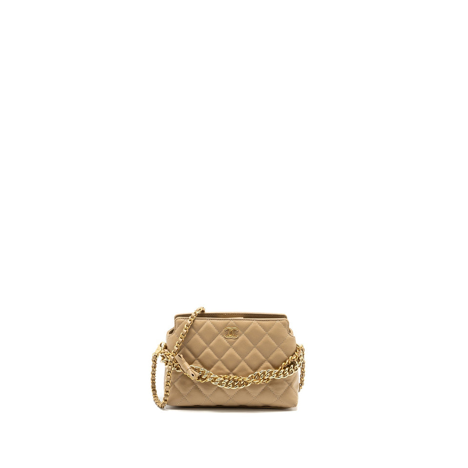 Chanel CC Logo Quilted Mini Clutch with Chain Caviar Beige  (Microchip)