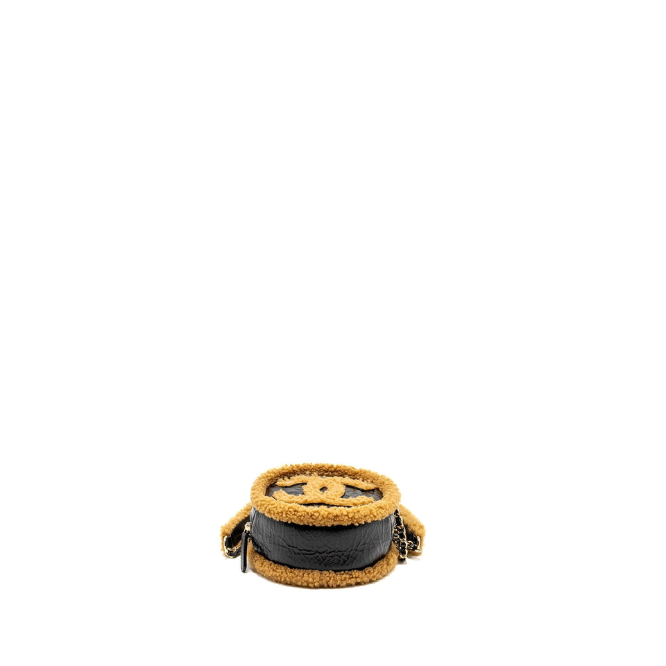 Chanel Shearling CC Round Clutch with Chain Shiny Crumpled Sheepskin Black/Light Brown L