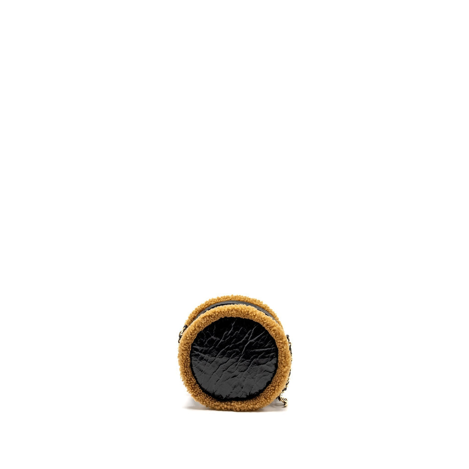 Chanel Shearling CC Round Clutch with Chain Shiny Crumpled Sheepskin Black/Light Brown L