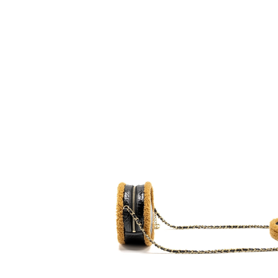 Chanel Shearling CC Round Clutch with Chain Shiny Crumpled Sheepskin Black/Light Brown L