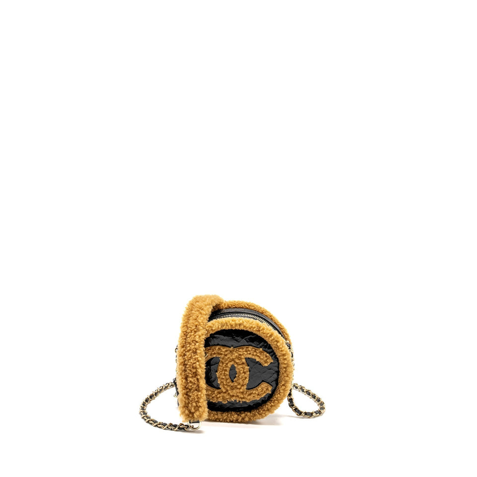 Chanel Shearling CC Round Clutch with Chain Shiny Crumpled Sheepskin Black/Light Brown L