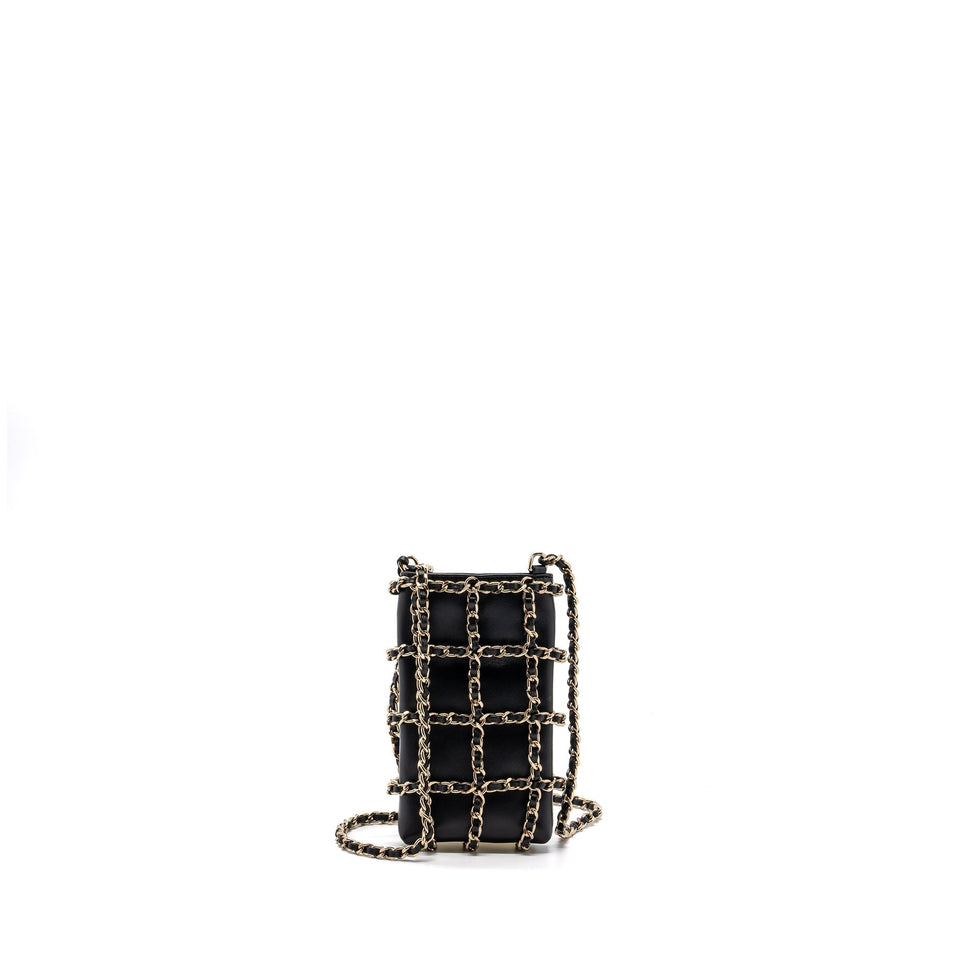 Chanel Gold Clutch O Chain Phone Holder Lambskin Black L