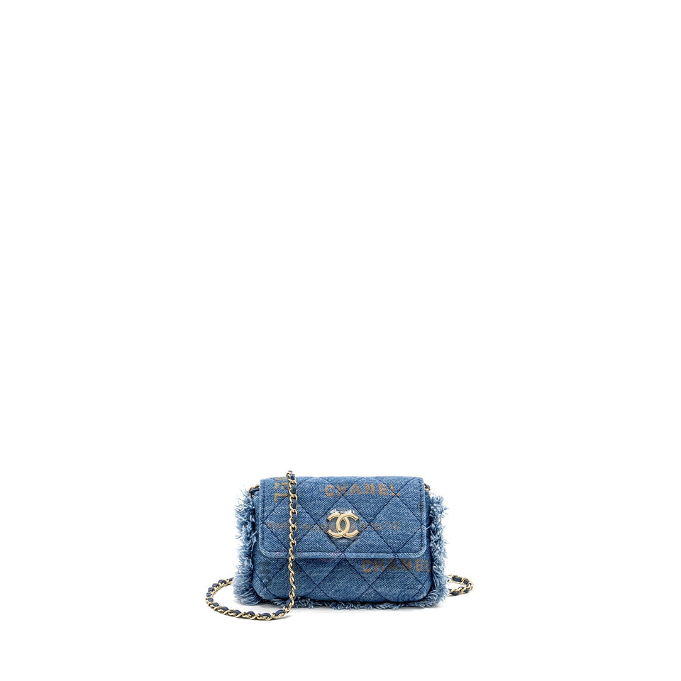 Chanel 22p Logo Printed Mini Clutch With Chain Denim Blue/Multicolour L