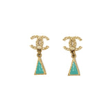 Chanel CC Triangle Drop Earrings Light Gold Tone/ Blue