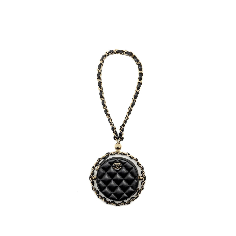 Chanel 22c Quilted Round Clutch With Chain Lambskin Black L