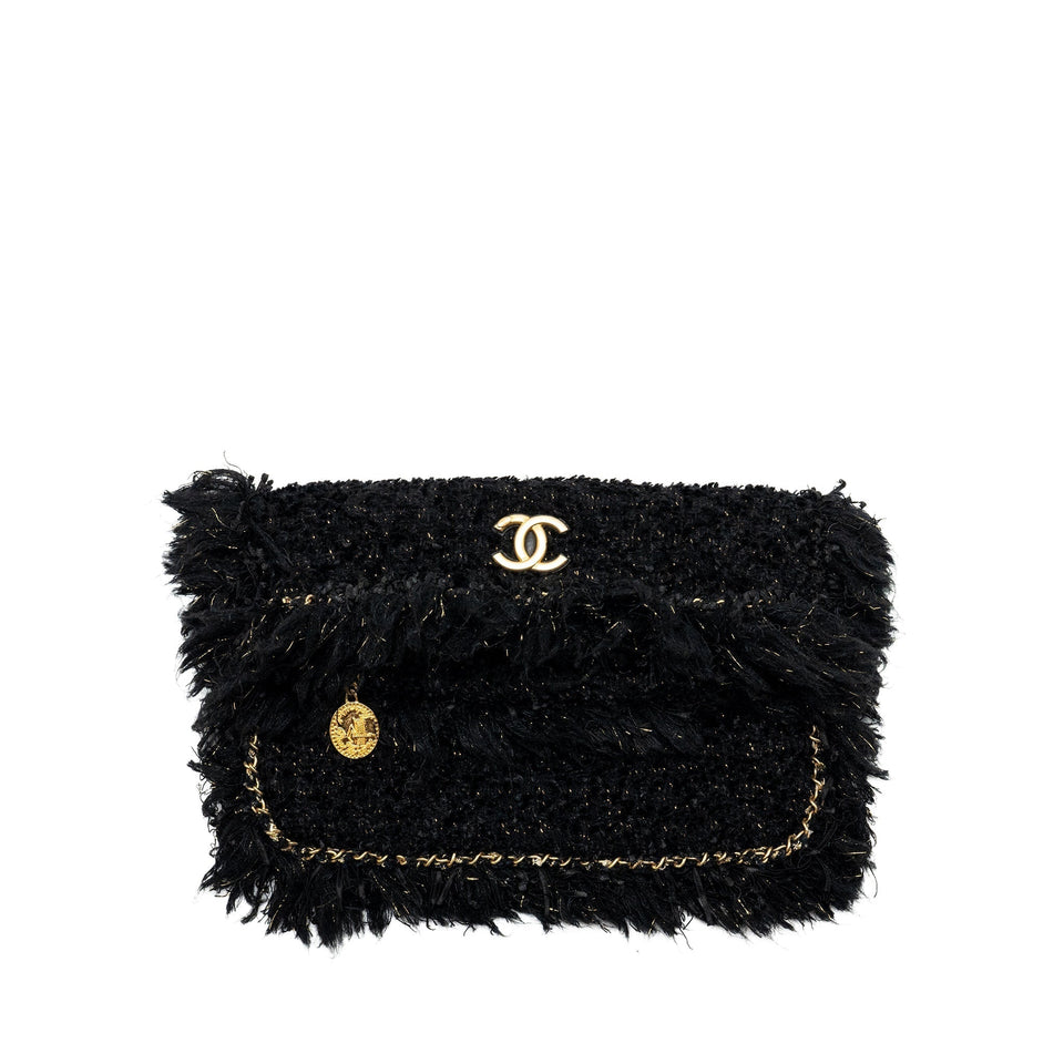 Chanel Fringe Paris Cosmopolite Clutch Tweed Black