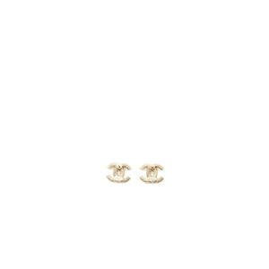 Chanel Classic CC Logo Earrings Crystal Light Gold Tone