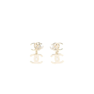 Chanel Double CC with CC Drop Earrings Crystal Light Gold Tone