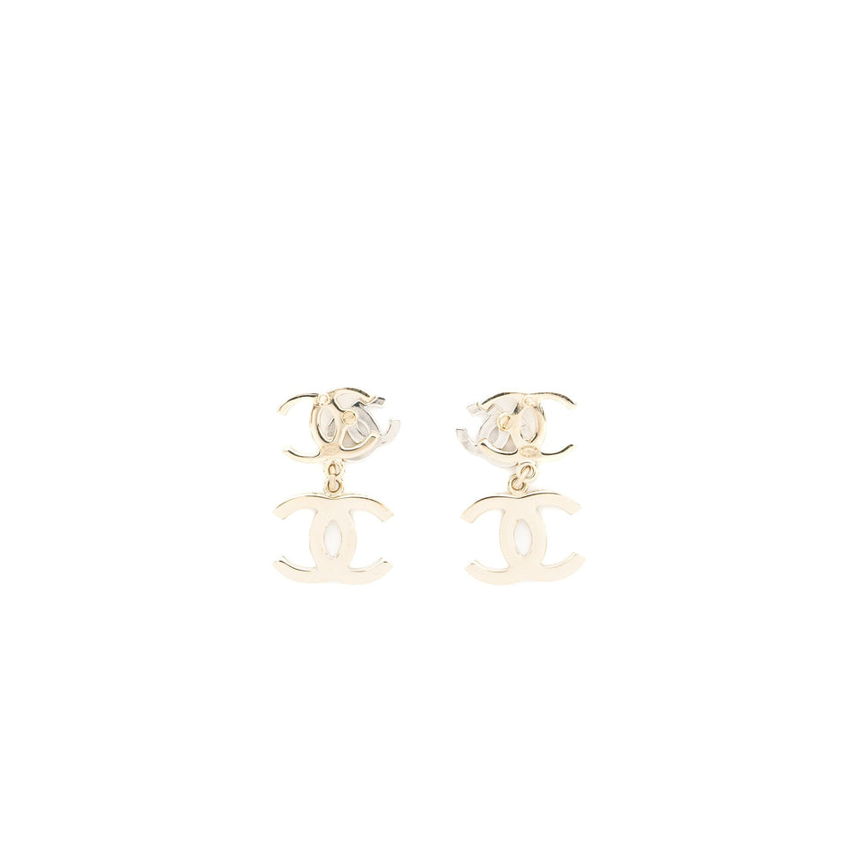 Chanel Double CC with CC Drop Earrings Crystal Light Gold Tone