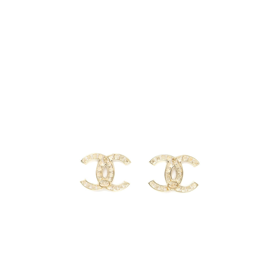 Chanel CC Logo Earrings Crystal Light Gold Tone