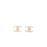 Chanel CC Logo Earrings Crystal Light Gold Tone