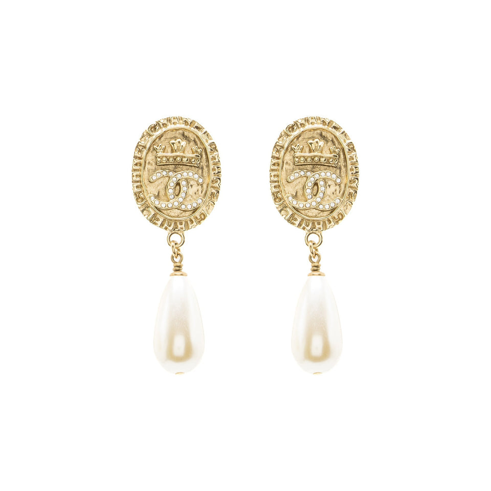 Chanel CC Logo Earrings Pearl Dropped Crystal Gold Tone