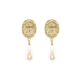 Chanel CC Logo Earrings Pearl Dropped Crystal Gold Tone