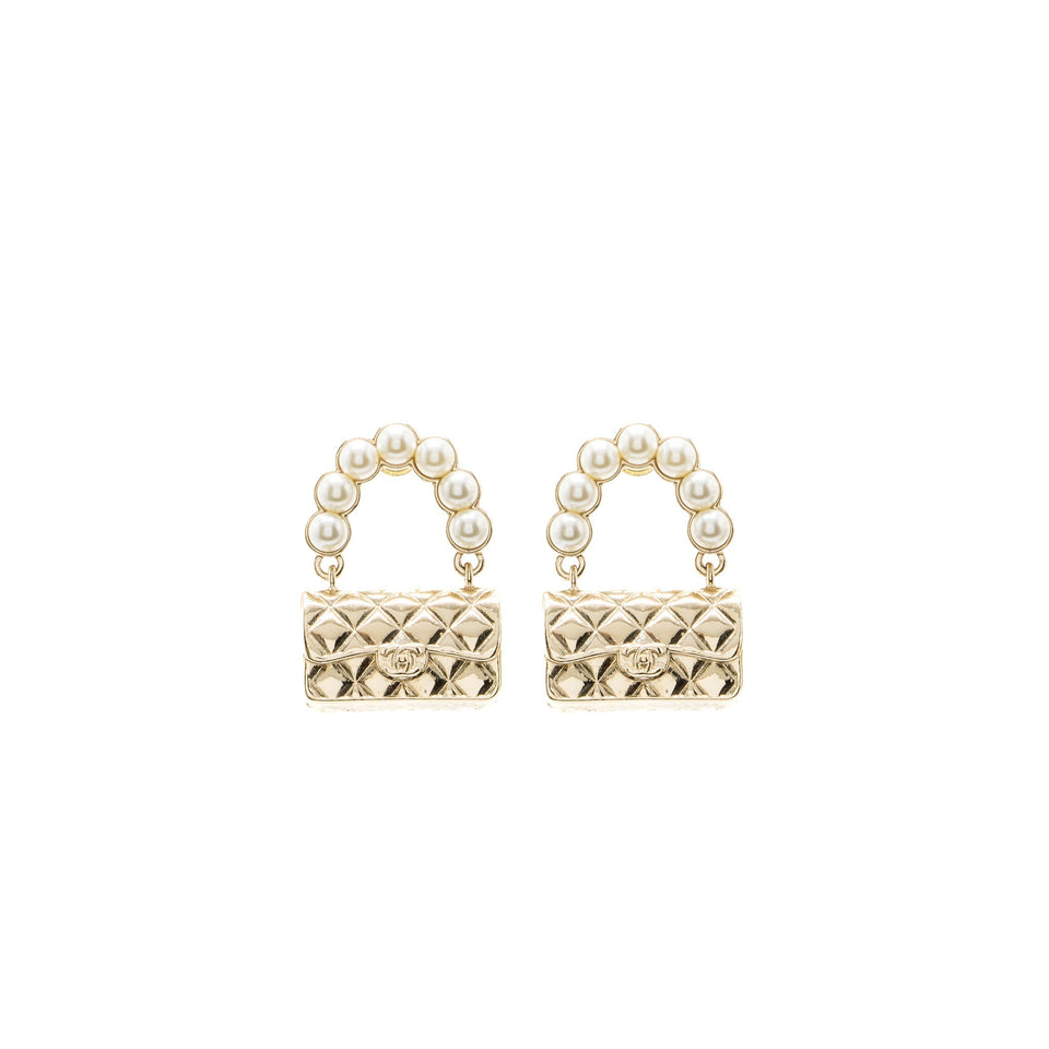 Chanel Flap Bag Dropped Earrings Pearl Light Gold Tone