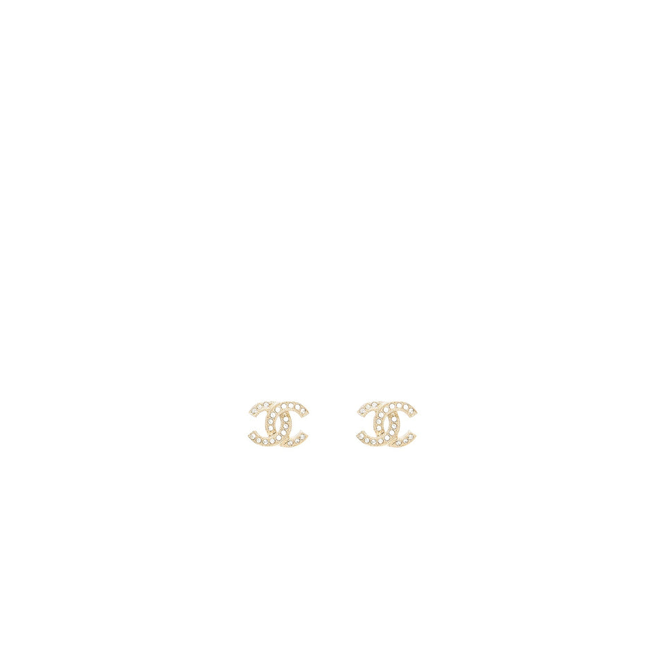 Chanel Classic CC Logo Earrings Crystal Light Gold Tone