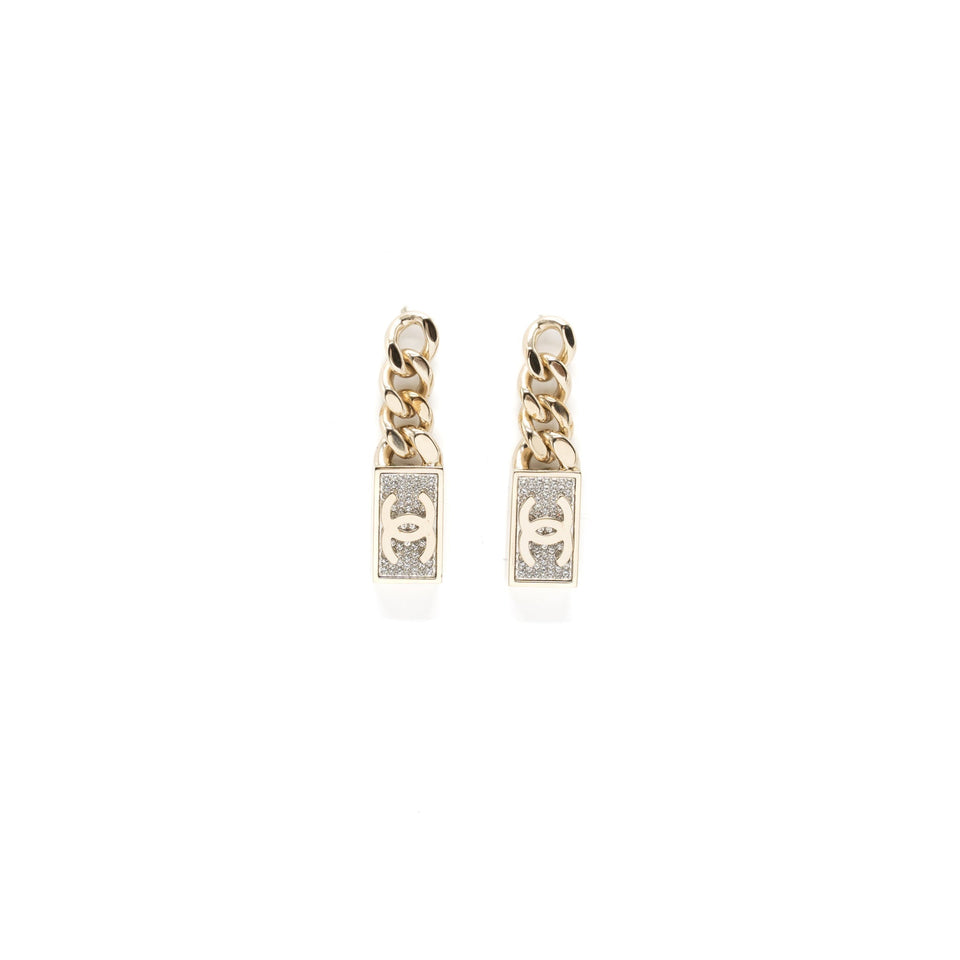 Chanel CC Logo Drop Earrings Crystal Gold Tone