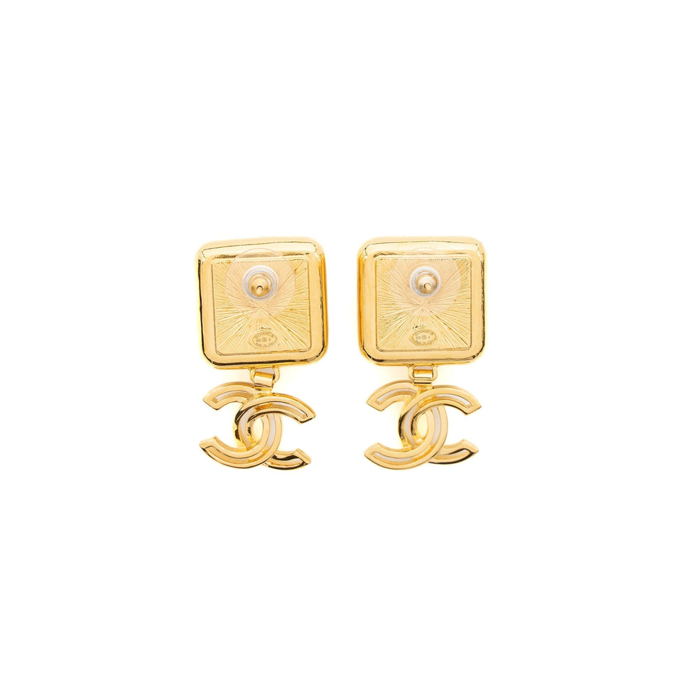 Chanel Square CC Logo Drop Earrings Gold Tone