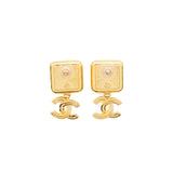 Chanel Square CC Logo Drop Earrings Gold Tone
