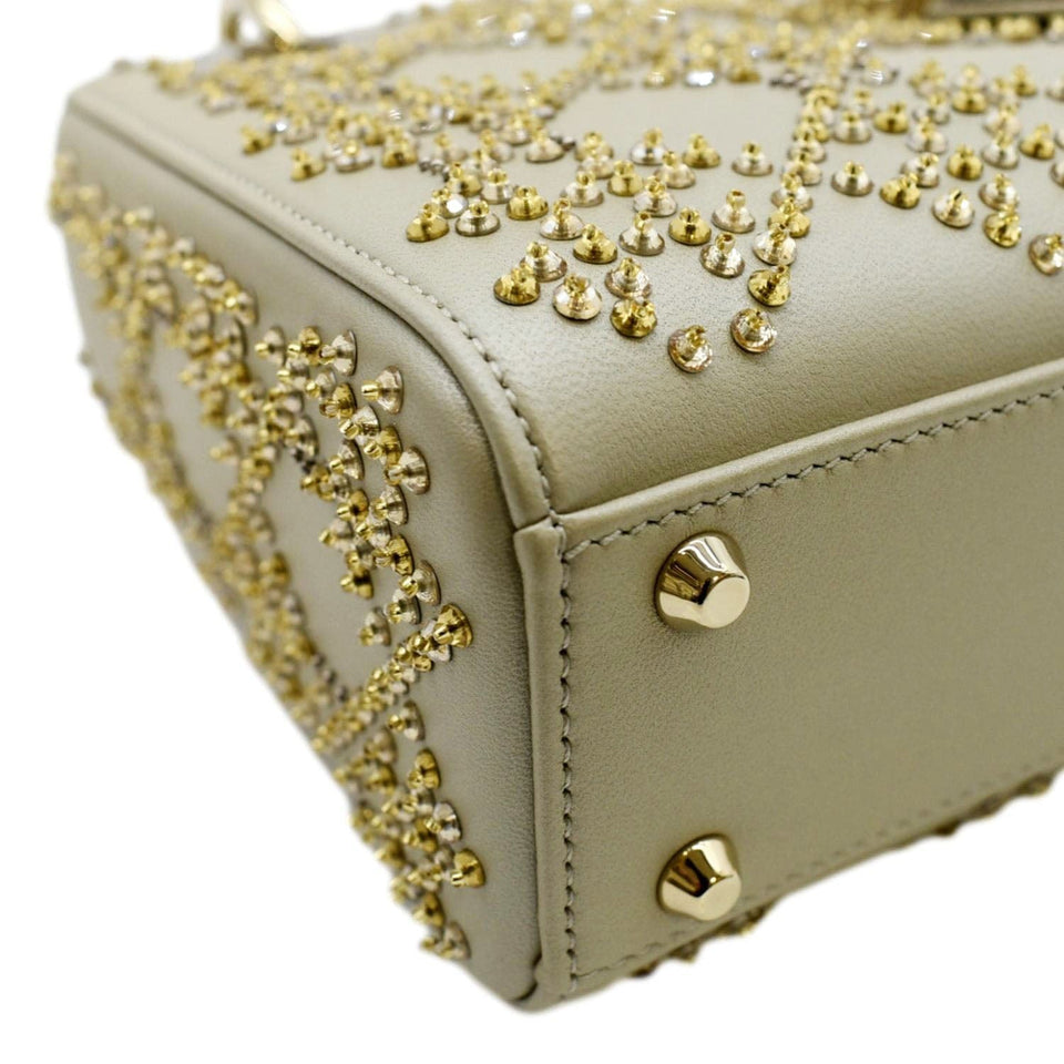 Christian Dior Mini Lady Dior Lambskin Leather Shoulder Bag Platinum Metallic