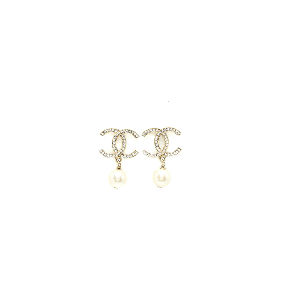 Chanel CC Logo and Pearl Drop Earrings Light Gold Tone