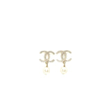 Chanel CC Logo and Pearl Drop Earrings Light Gold Tone