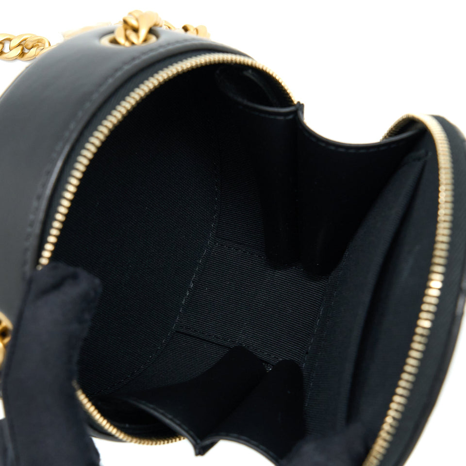 Chanel 22K Gold Pillar Round Clutch With Chain Lambskin Black Brushed