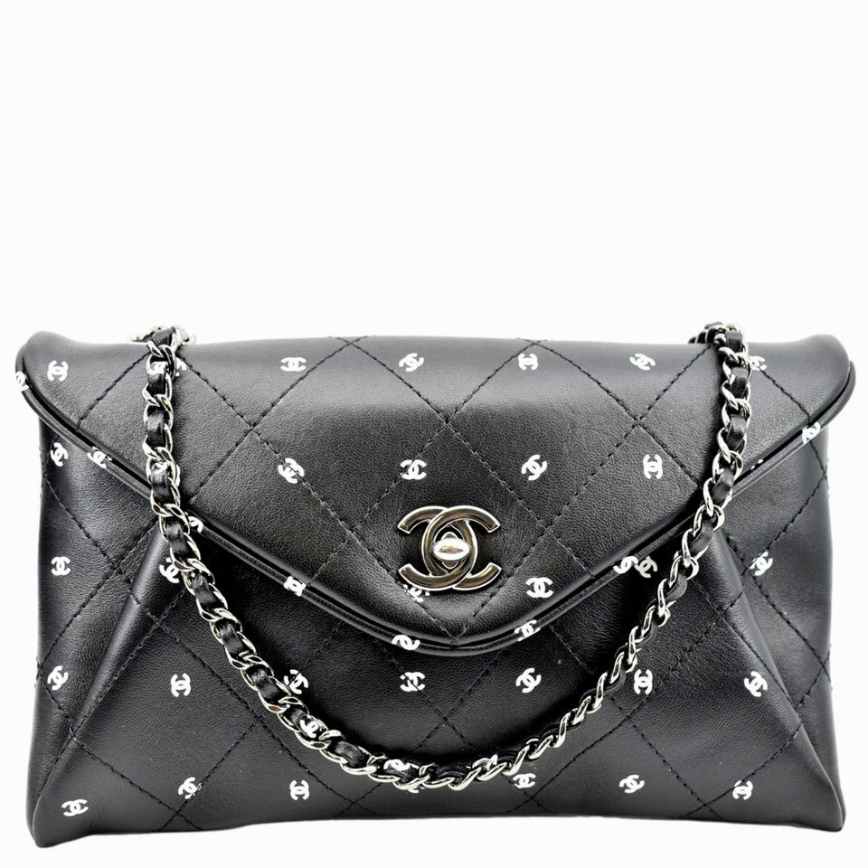 Chanel CC Envelope Printed Lambskin Leather Chain Clutch Bag Black