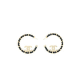 Chanel 22P Round CC With Black Leather Earrings Light Gold Tone