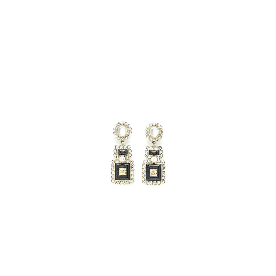 Chanel Perfume Bottle CC Logo Earrings Crystal/Pearl Black Light Gold Tone
