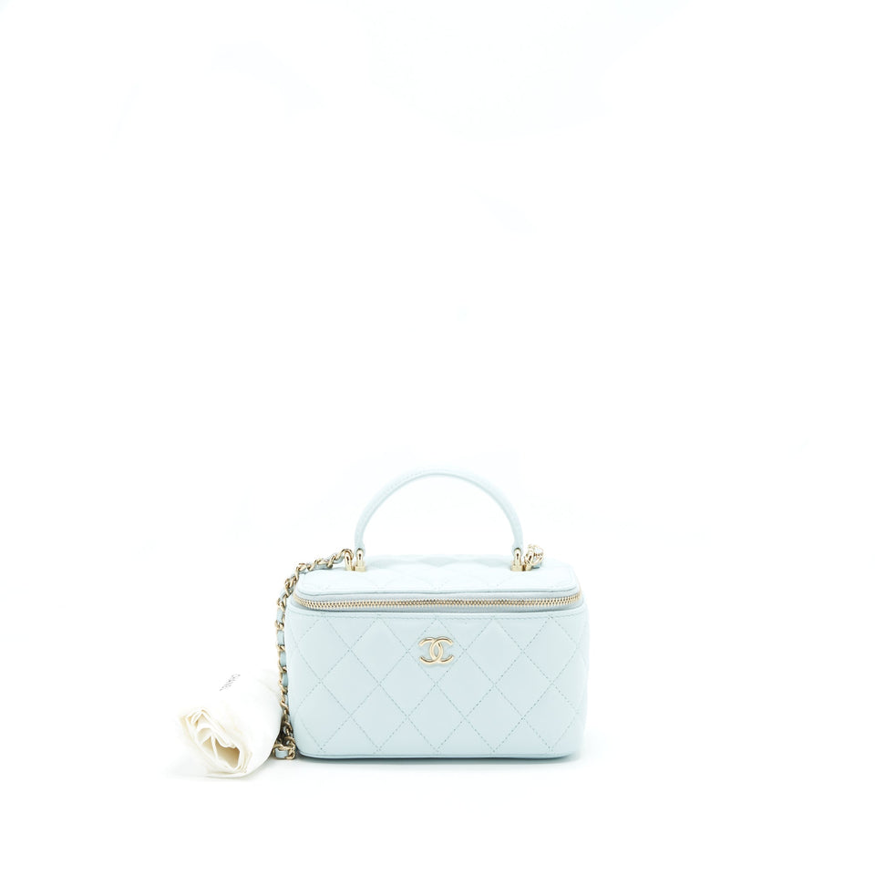 Chanel 21K Rectangular Top handle Vanity with Chain Baby Blue L