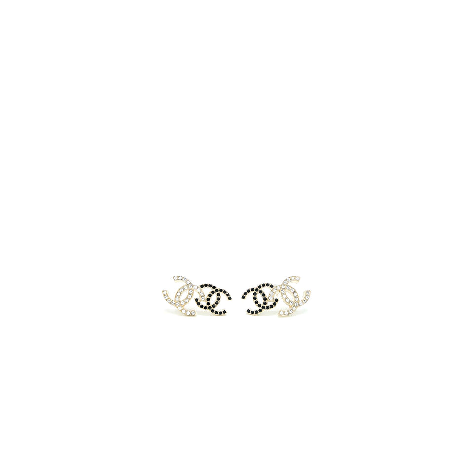 Chanel Double CC Logo Crystal Earrings Black and White Light Gold Tone