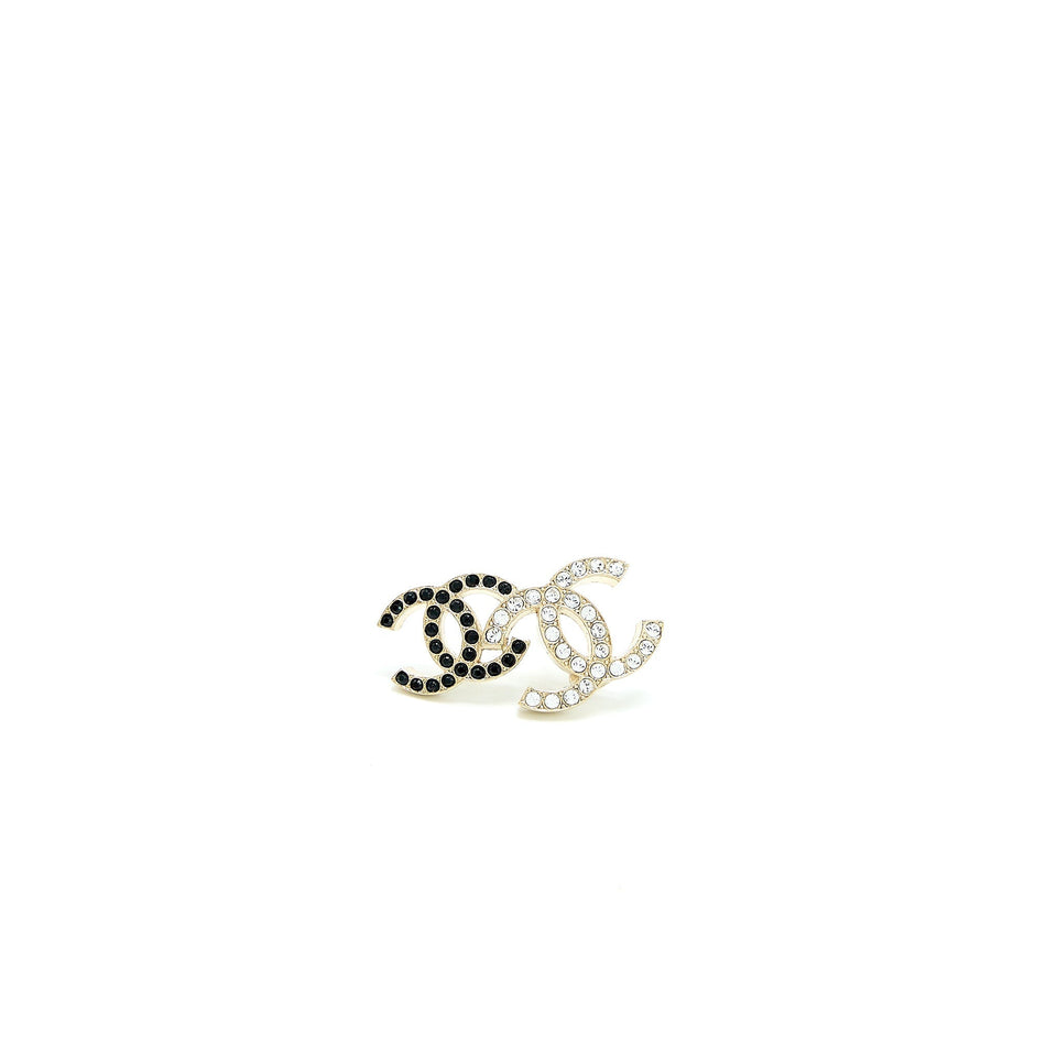 Chanel Double CC Logo Crystal Earrings Black and White Light Gold Tone