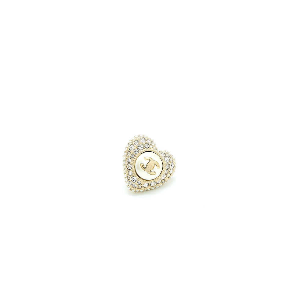 Chanel Heart With CC Logo Crystal Earrings Light Gold Tone