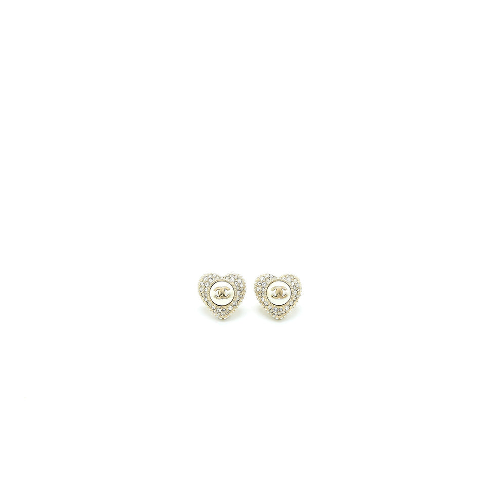 Chanel Heart With CC Logo Crystal Earrings Light Gold Tone