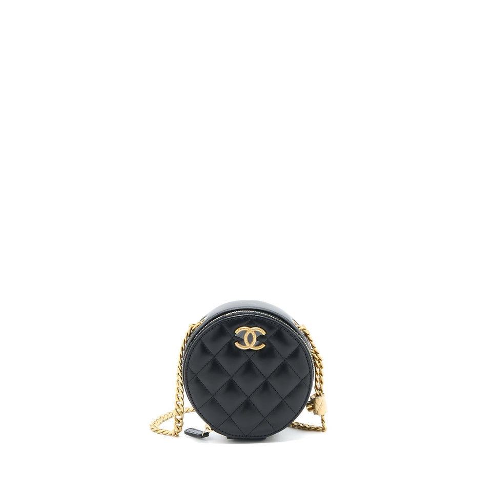 Chanel 22K Gold Pillar Round Clutch With Chain Lambskin Black Brushed