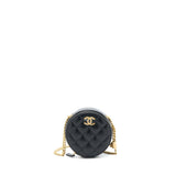 Chanel 22K Gold Pillar Round Clutch With Chain Lambskin Black Brushed