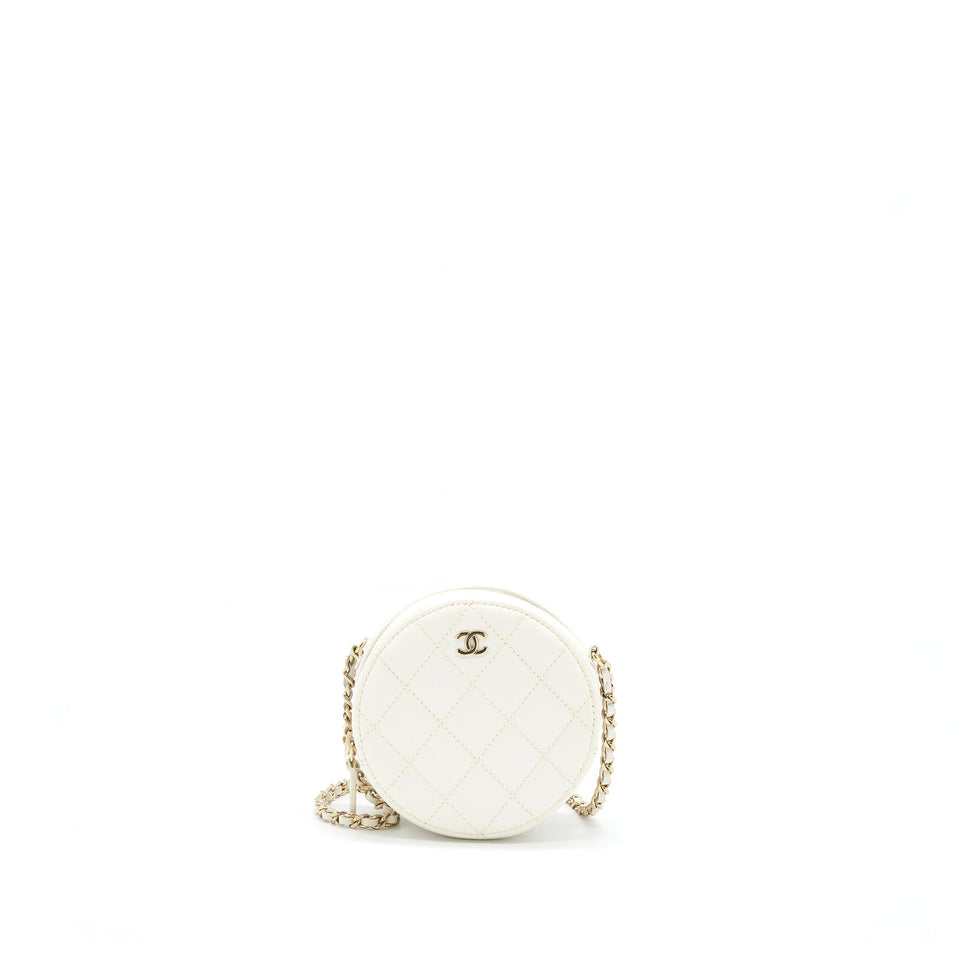 Chanel mini round Bag with Chain Caviar White L