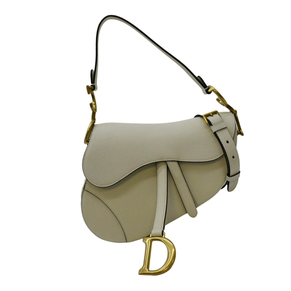 Christian Dior Saddle Grained Calfskin Leather Satchel Shoulder Bag Ivory