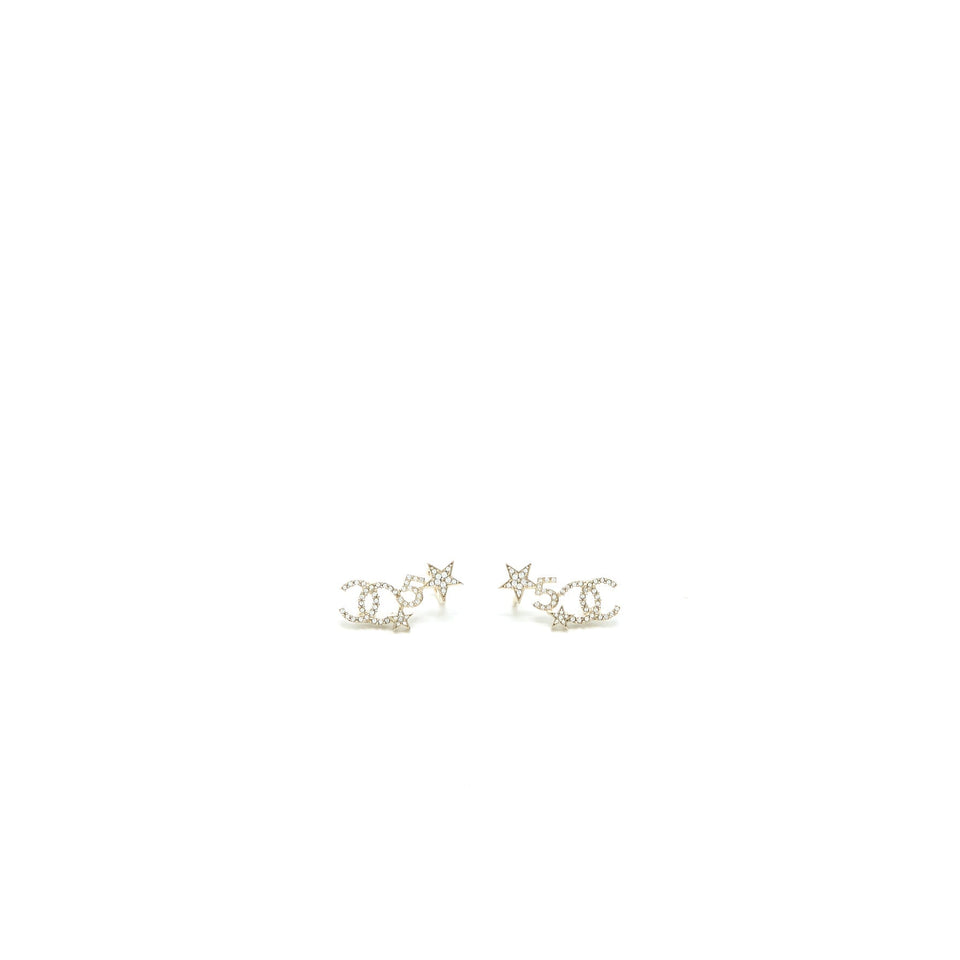 Chanel CC Logo No.5 Star Earrings Crystal Light Gold Tone